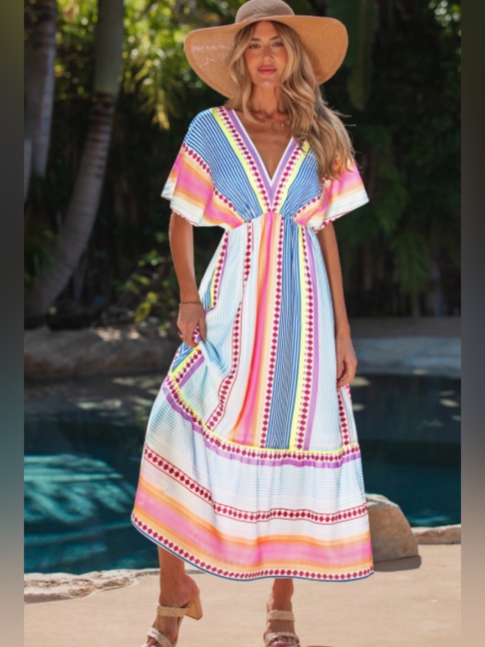 Women’s Multicolor Striped V-Neck Maxi Dress - Popvil